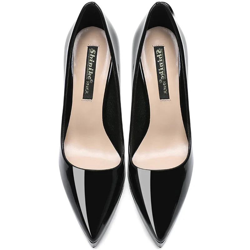 Women Pumps Brand 10CM 12CM Thin High Heels Black PU Slip On Pointed Toe Dress Office Career Party Wedding Waterproof Lady shoes.