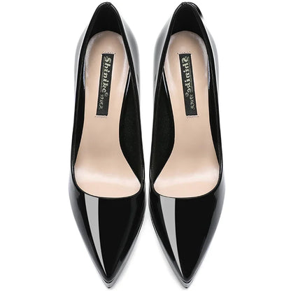 Women Pumps Brand 10CM 12CM Thin High Heels Black PU Slip On Pointed Toe Dress Office Career Party Wedding Waterproof Lady shoes.