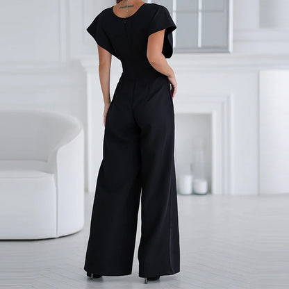 Elegant Women Solid Color Slim Playsuits Overalls Office Lady Simple Commuting Rompers Temperament High Waist Wide Leg Jumpsuits.