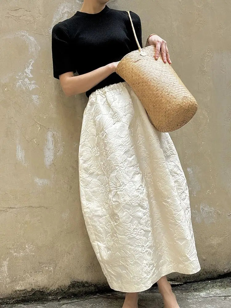 2024 New Arrival Spring/summer Arts Style Women Casual Loose Fit Elastic Waist A-line Jacquard Design Ankle-length Skirt P02.