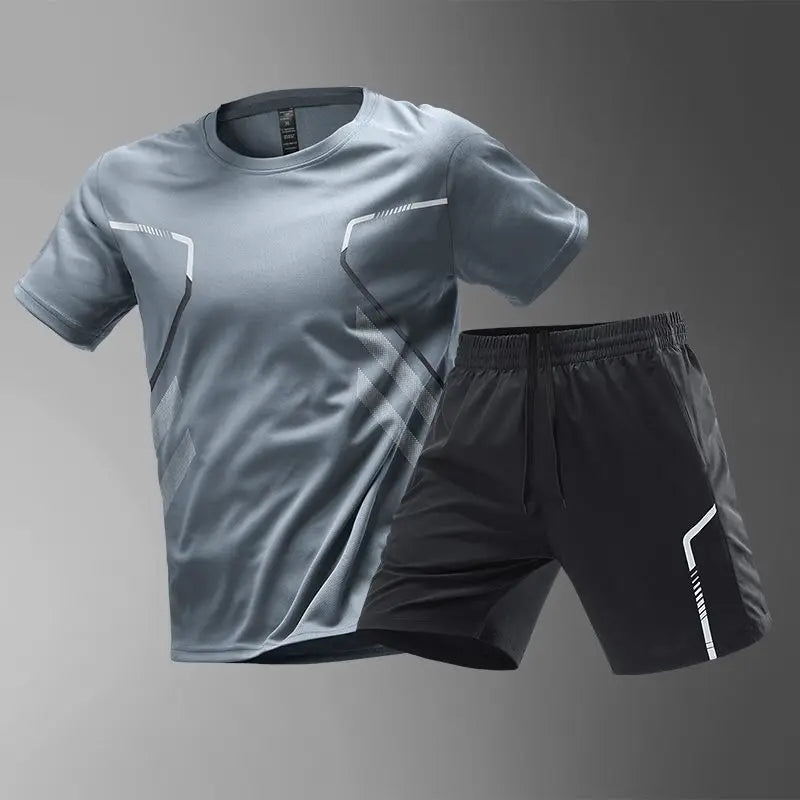 Summer Men Sets New Quick Dry Breathable Gym Clothing Training Short Sleeve Tops Shorts Suit Outdoor Daily Leisure Two-Piece Set.