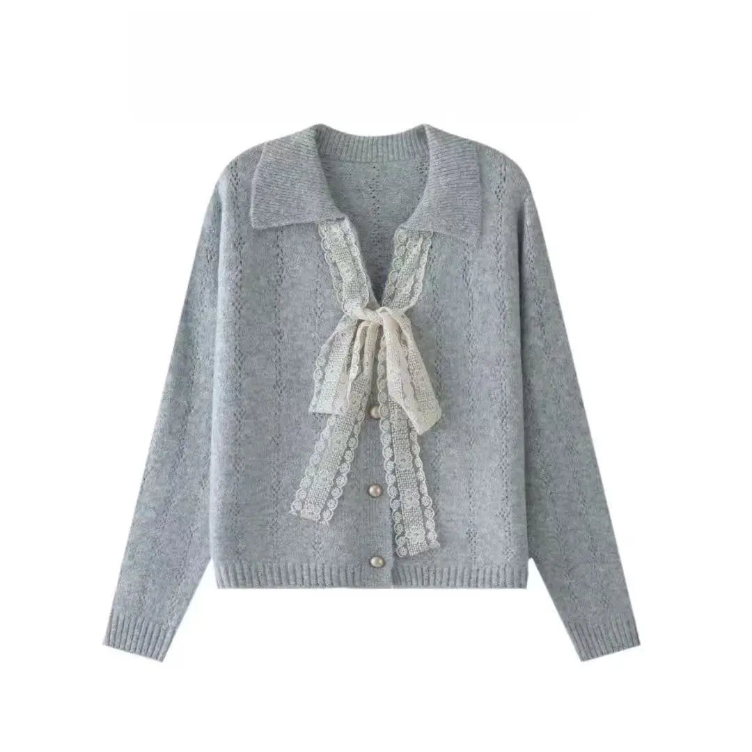 Women Clothes Autumn Winter Fashion Korean Button Solid Color Ladies All-match Bow Versatile Loose Knitwear Long Sleeve Top Tee.