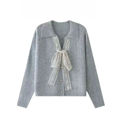 Women Clothes Autumn Winter Fashion Korean Button Solid Color Ladies All-match Bow Versatile Loose Knitwear Long Sleeve Top Tee.