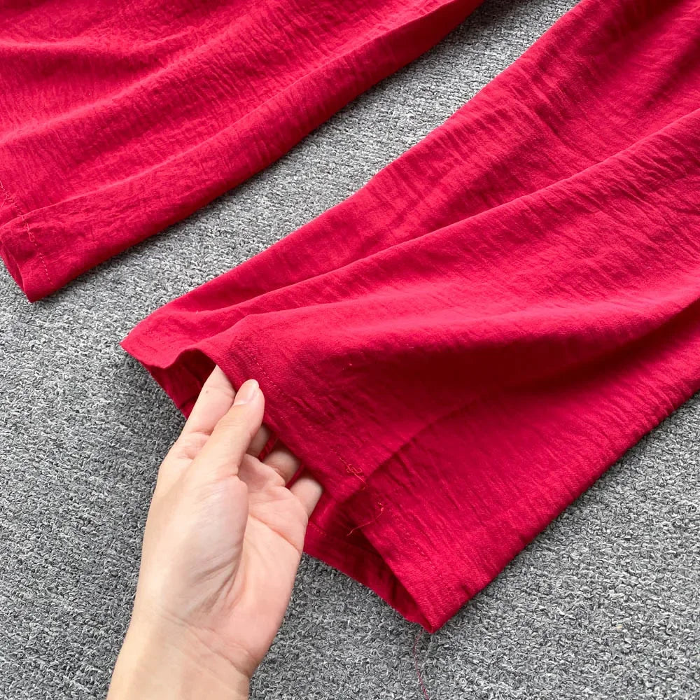 2024 Summer Green/Black/Red Two Piece Set Women Sexy Slash Neck Short Tops + High Waist Wide Leg Pants Female Suit New.