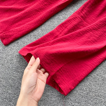 2024 Summer Green/Black/Red Two Piece Set Women Sexy Slash Neck Short Tops + High Waist Wide Leg Pants Female Suit New.