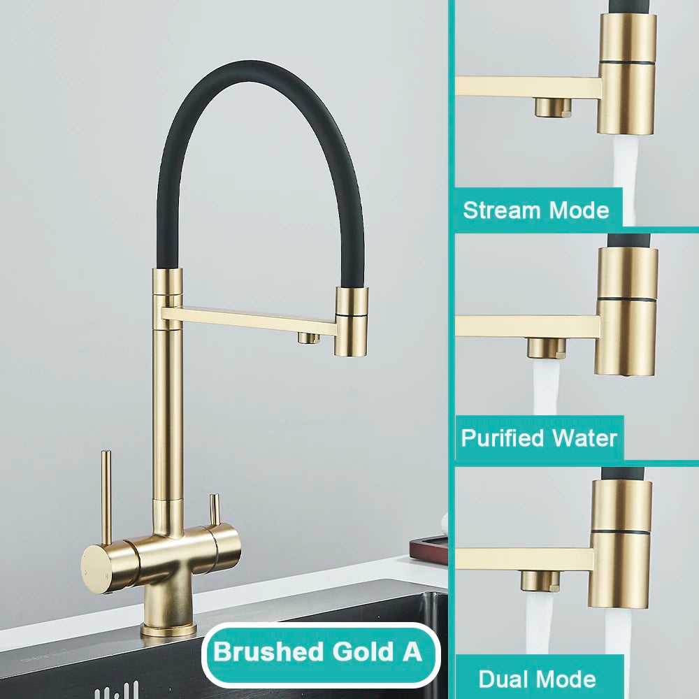 Gray Filtered Kitchen Faucet Dual Spout Hot Cold Mixer Purification Water Crane Filter Water Faucet Deck Mount