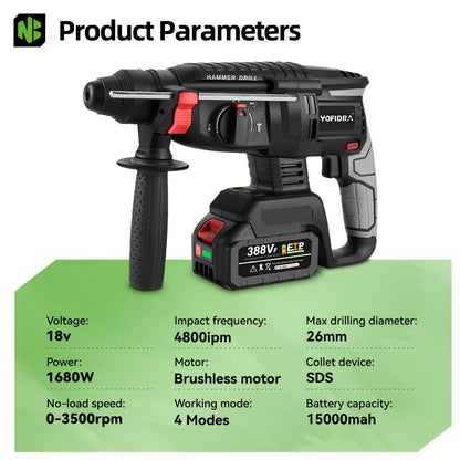 1680W 26MM Bürstenlosen Elektrischen Bohrhammer Multi-funktion Bohren Hammer Schlagbohrmaschine Power Tool Für Makita Batterie pin