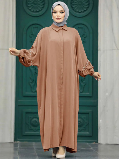 Siskakia Solid Muslim Woman Elegant Beaded Cardigan Long Dress With Loose Batwing Sleeve Moroccan Dubai Saudi Kebaya Robe  2024.