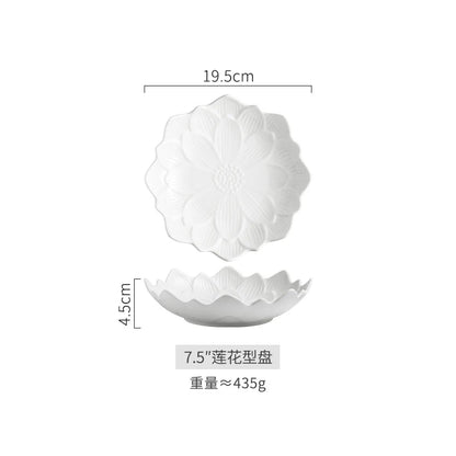 Chinese Lotus-like Ceramic Western Food Dish Household White Fruit Salad Bowl Dessert Plate Creative Restaurant Specialtableware.