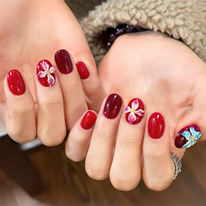 24pcs Women'S Nail Set Burgundy Almond Shape Medium Length Solid Color with Floral Golden Dust Design Fake Nails for Women/Girls