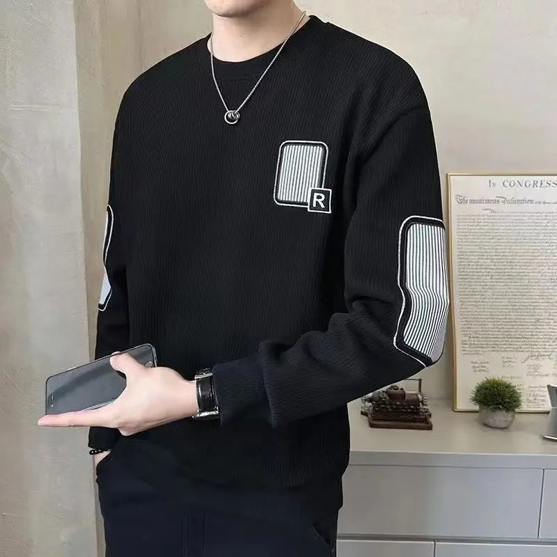 Trend Embroidery Street Casual Hoodies Sweatshirts Men's Long Sleeve Contrast Patchwork Fashion Tops Casual Vintage Men Clothing.