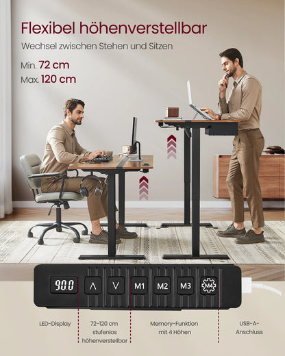 VASAGLE Höhenverstellbarer Schreibtisch elektrisch, 70 x 160 cm , stufenlos verstellbar, Memory-Funktion mit 4 Höhen