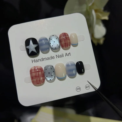 10pcs Short Oval Shaped Press-On Nails - Color Block Stripes & Star Designs Glossy Mix-and-Match False Nails for Women and Girls.