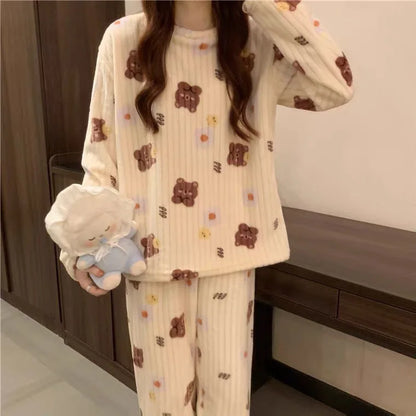 Winter-Damen-Pyjama-Homewear-Anzug, neues warmes Set aus Korallen-Fleece für Herbst und Winter, bequemer warmer Pyjama-Homewear-Anzug