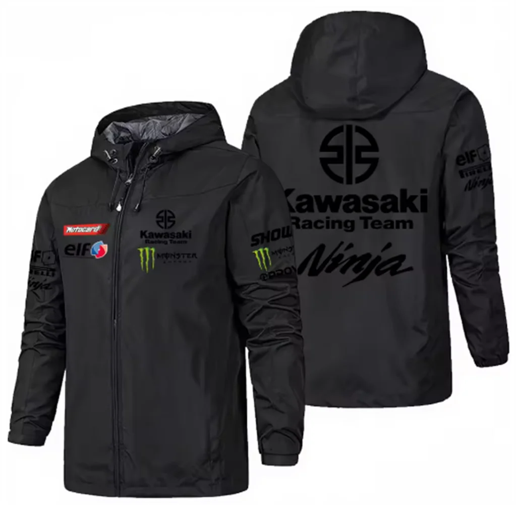 Racing team jacket with Kawasaki logo, men's waterproof and windproof sportswear, 2025 new outdoor sports fashionable fan jacket.