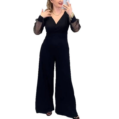 Jumpsuits Women One Piece Wide Leg Pants V Neck Gauze Long Sleeve Tight Waist Straight Trousers 2025 Office Lady Overalls.