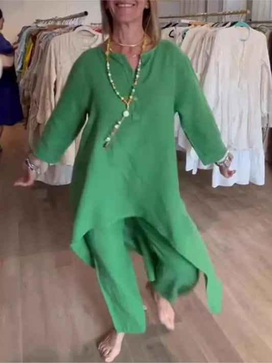 Spring Autumn Solid Color O Neck Seven-point Sleeve Long Women Suit Retro Casual Loose Seven-point Pants Cotton Linen 2piece Set.