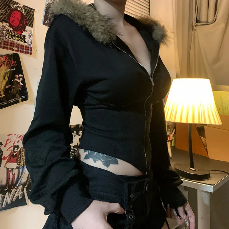 Goth Dark Autumn Winter Faux Fur Collar Solid Hooded Coats Women Casual Slim Waist Zip Hoodies Gothic Jackets Chic Streetwear.