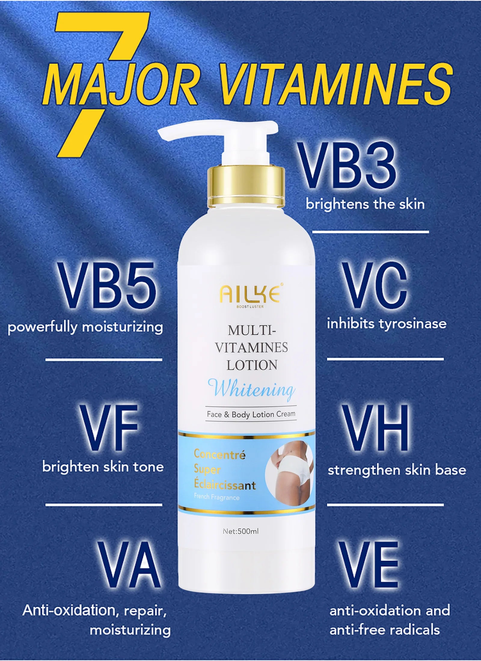 AILKE Multi Vitamin Whitening Body Lotion With Vitamins A,E,B3,B5, Increase Skin Radiance, Even Skin Tone, Moisturizer Cream.