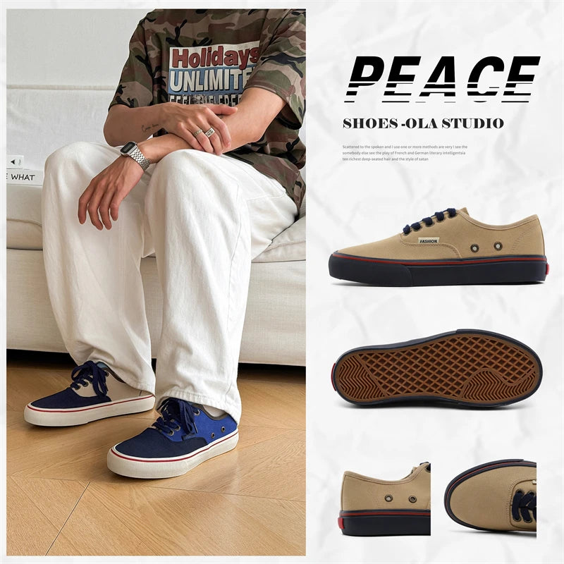 Boys' Casual Canvas Skateboard Shoes with Patchwork Low Cut Shoes Men's Minimalist Fashion Sneakers Trendy Lace Up Flat Bottom.