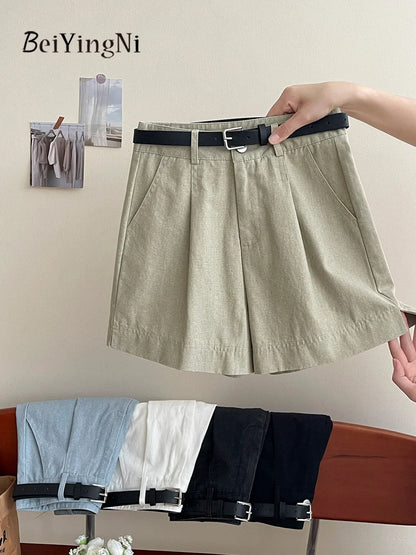 Beiyingni Korean Women High Waist Shorts With Belt Elegant Cotton Linen Casual Slim Female Shorts White Street Short Cargo Pants.