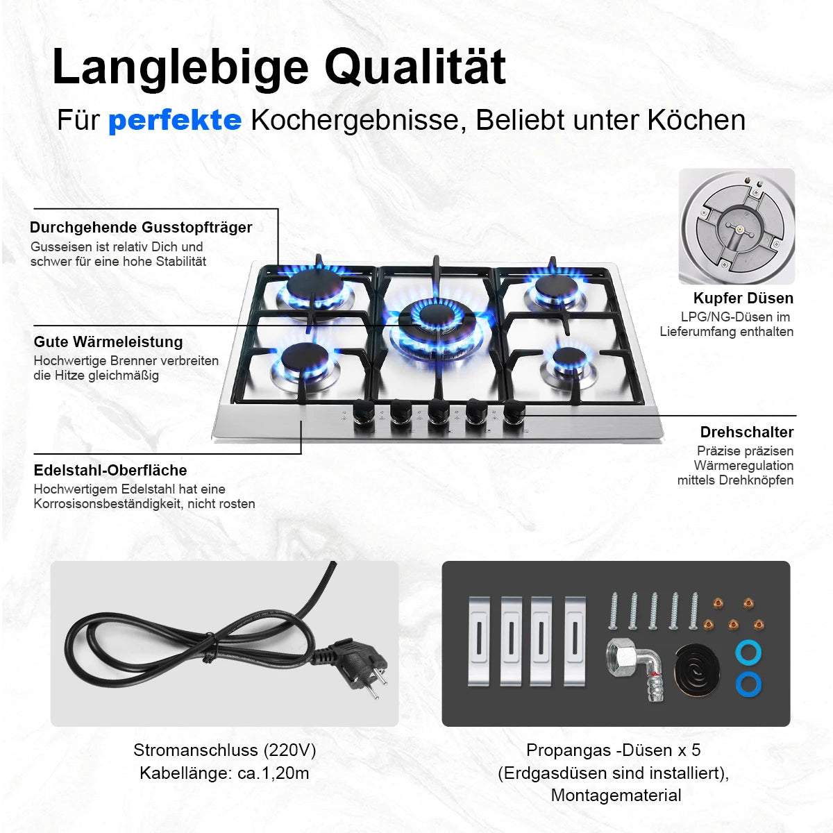 68cm 5-Burner Gas Hob Stainless Steel Gasherd Auto Flame Shield & Dual Fuel (Erdgas/LPG) 10460W Pro Line Built-in/Standherd.