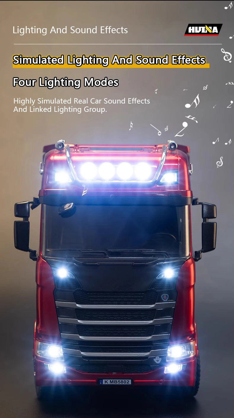 HUINA 1/18 19CH RC Truck 1501 770S Scania Alloy Tractor 2.4G Remote Control Engineering Trailer Truck with Light and Sound Toys.