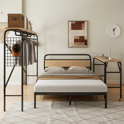 Metallbett 140x200cm, Flachbetten+Tisch mit Rädern+Vertikaler Garderobenständer, Schlafzimmermöbel, Metall+MDF, Schwarz + Natur