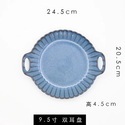 Retro Household Ceramic Tableware Kiln Variable Glaze Western Plate Creative Long Plate Main Dish Dinner Plate Kitchen Supplies
