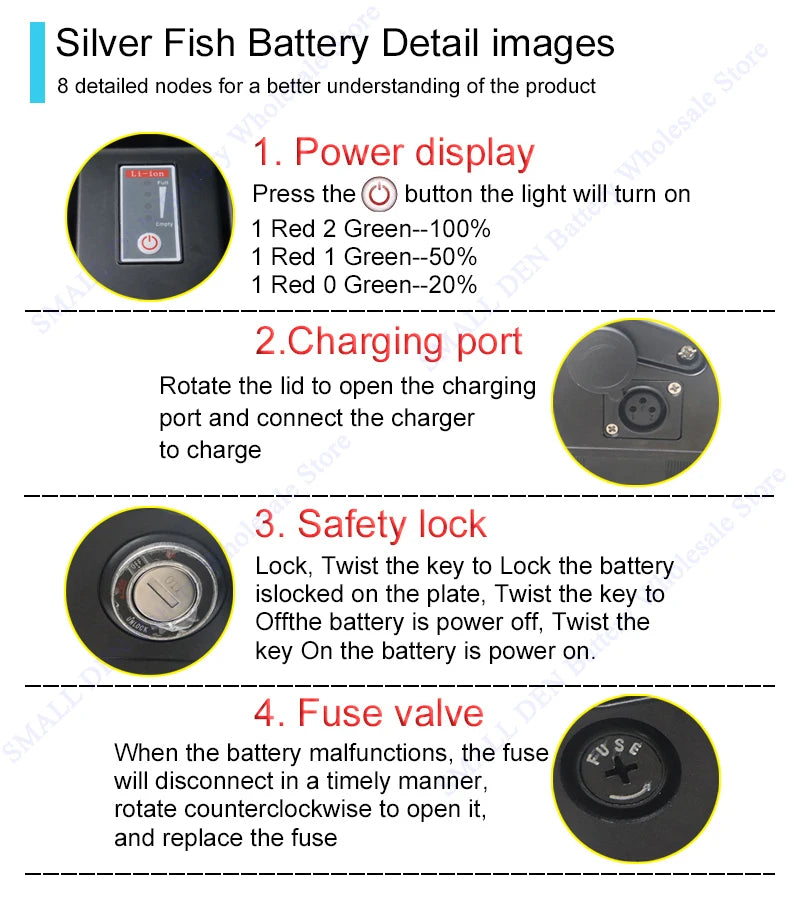 Silver Fish 36V/48V/52V/60V 10Ah 12Ah 15Ah 20A Lithium battery pack For 250W-1800W Folding E-two wheeler Handheld+3A XLR Charger.