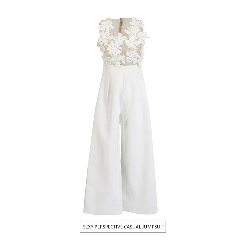 ZMEENNA Elegant White Floral Applique Jumpsuit For Women Sleeveless Wide Leg Romper With Sheer Mesh Top Perfect ZM726.