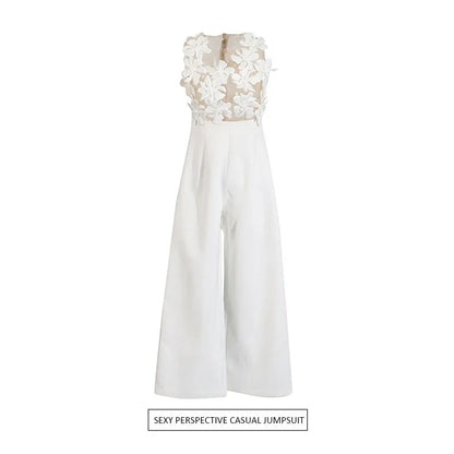 ZMEENNA Elegant White Floral Applique Jumpsuit For Women Sleeveless Wide Leg Romper With Sheer Mesh Top Perfect ZM726.