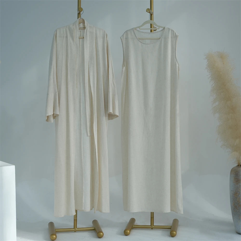 Eid Summer Cotton Linen Kimono Coat Dubai Open Abaya 2024 Muslim for Women Set Retro Kaftan Modest Dresses Islam Clothing Kebaya.