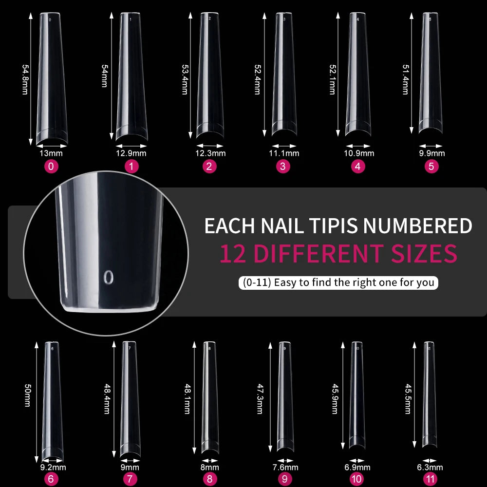 240PC Professional 3XL Extra Long Clear Square Nail Tips 12 Sizes Half Cover Acrylic Nails NO C CURVE Long Square Fake Nail Tips.