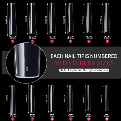 240PC Professional 3XL Extra Long Clear Square Nail Tips 12 Sizes Half Cover Acrylic Nails NO C CURVE Long Square Fake Nail Tips.