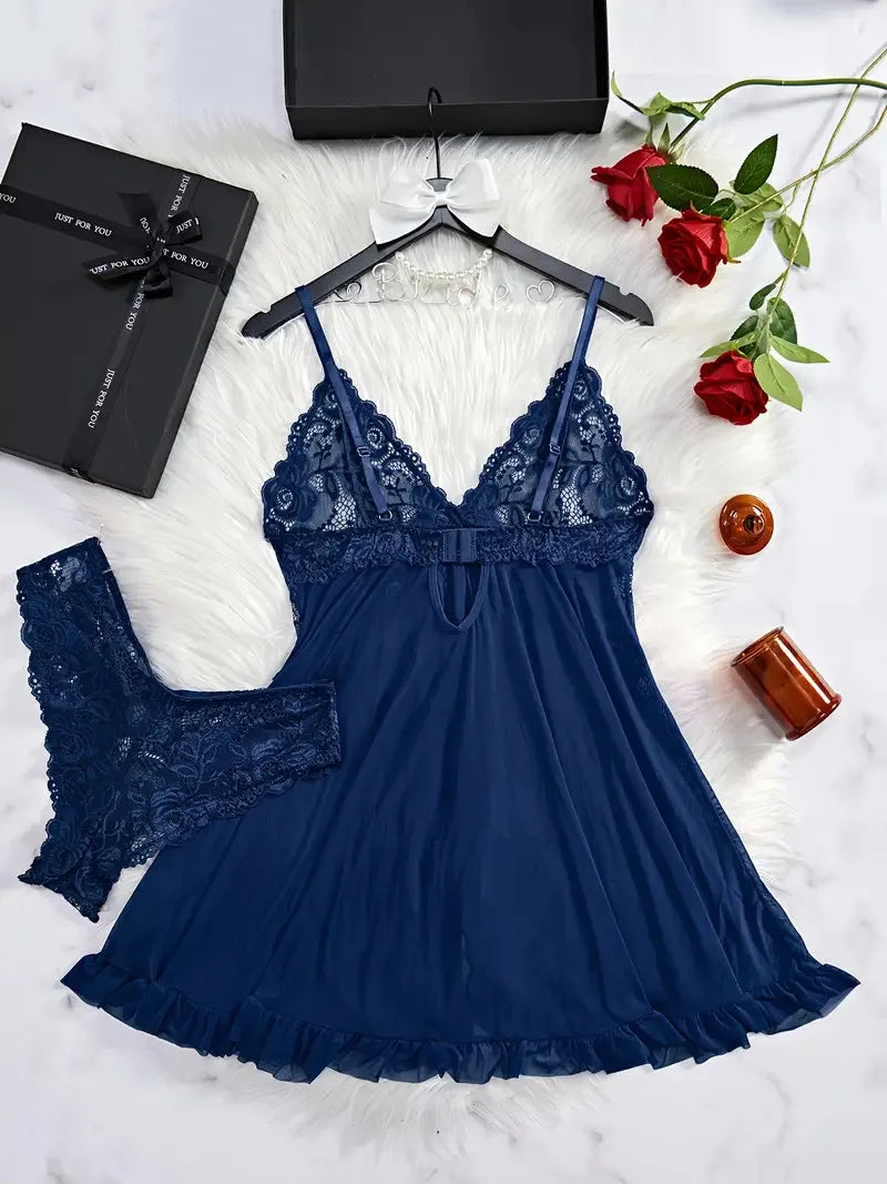 A Set Of Tulle Ultra Sexy Nightgown V-neck Bra Open Sleep Skirt Night Erotic Dress Woman Sheer Pajamas Lingerie Pants Luxury kit.