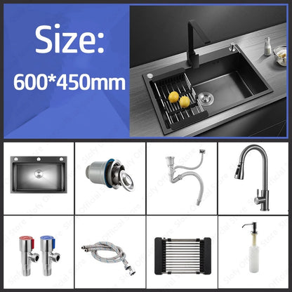 Schwarzes Nano-Waschbecken, einzelnes Waschbecken, kreative Küchenspülen aus Edelstahl, Abflussset für Zuhause, handgefertigtes Waschbecken, Küchenzubehör