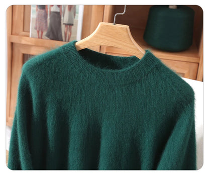 Women's Round-neck Mink Cashmere Sweater Soft Pullover Jumper Comfortable Knitted Top for Autumn Winter Pure Mink Material