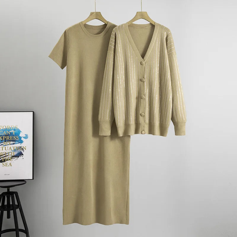 Women Knit 2 Piece Set Cardigan Set Sweater Muslim Short Sleeve Long DressEnsemble Knitwear Suit Modest Autumn Winter Outfits
