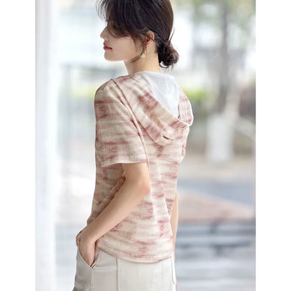 Elegant and Versatile Smudged Hooded T-shirt for Women's Simple Semi-zipper Casual Short-sleeved Top.