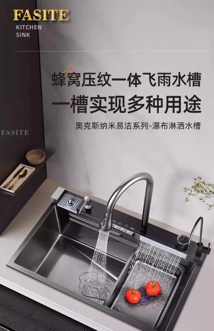 5.0 Thickened Whale Honeycomb Sink Feiyu Waterfall 304 Stainless Steel Handmade Digital Display Single Sink Household Kitchen