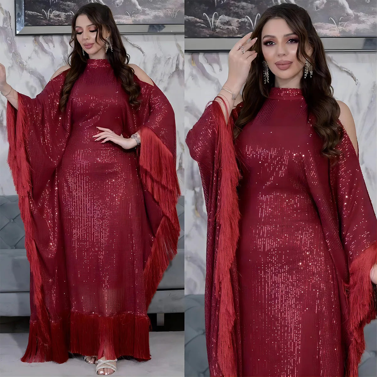 Ramadan Eid Tassel Sequin Batwing Abaya Dubai Women Islam Muslim Maxi Kaftan Dresses Kebaya Caftan Marocain Robe Femme Musulmane.