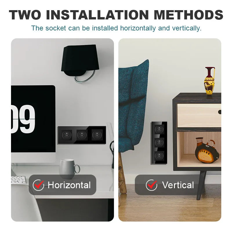 JHJCH Touch Lichtschalter Frankreich Steckdosen USB C Telefon Ladung Kristallglas 1/2/3Gang Wandschalter Doppelsteckdosen Schwarz.