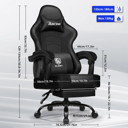 AUTHMIC Ergonomischer Gaming-Stuhl mit Fußstütze und Lordosenstütze, verstellbarer Bürostuhl aus PU-Leder, für Heimbüro und Gamer