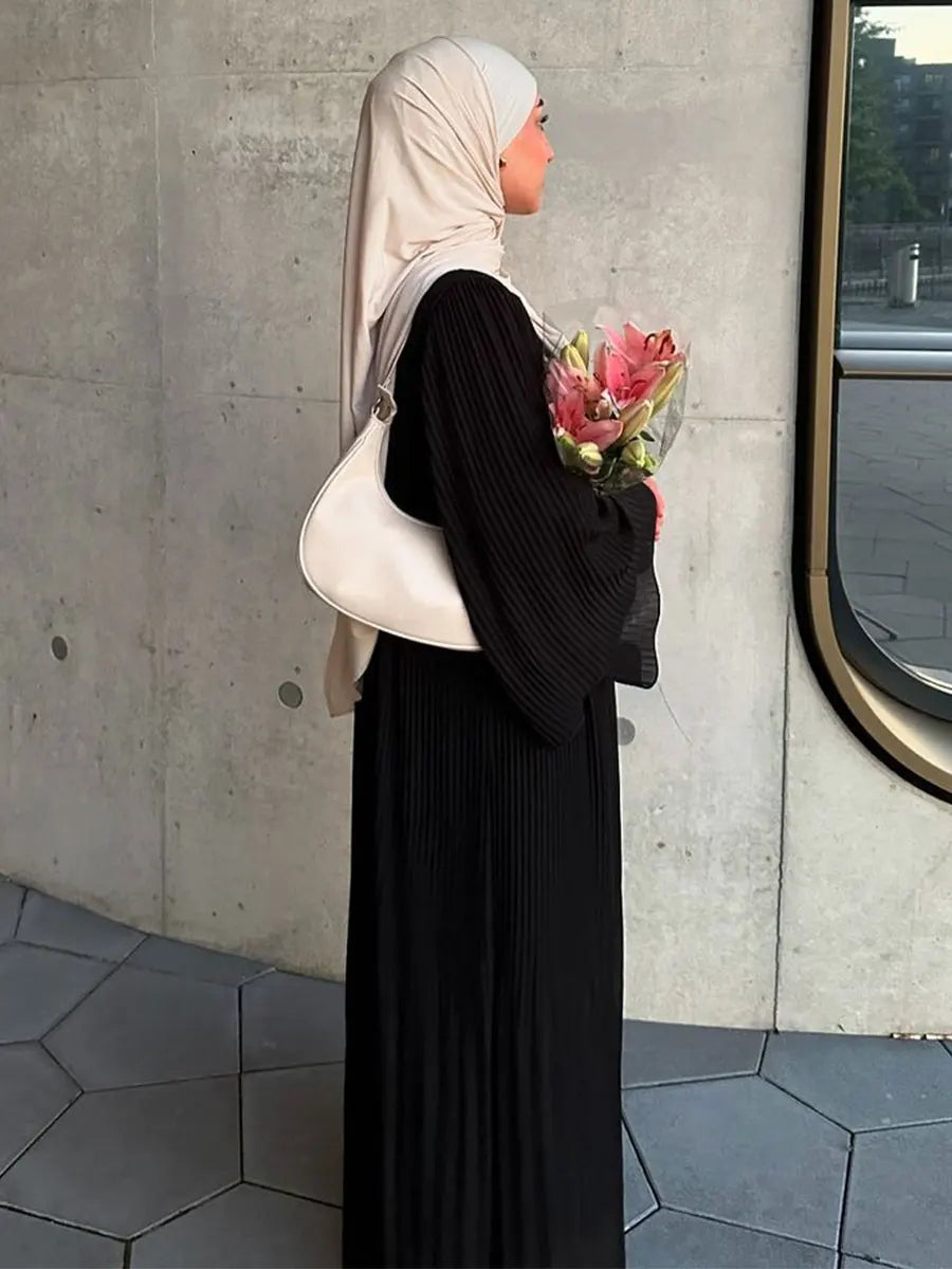 Siskakia Ramadan-Muslim Solid Wrinkle Dresses For Women's Dubai  Moroccan Petal Sleeve Abayas O-Neck Elegant Kebaya 2024.