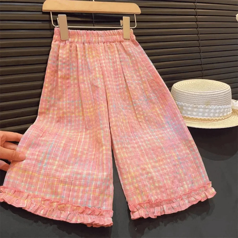 Pink Girl's Summer Two-piece Set with Single Breasted Sleeveless Top and Casual Pants, New Children's Sets Kids Clothes.
