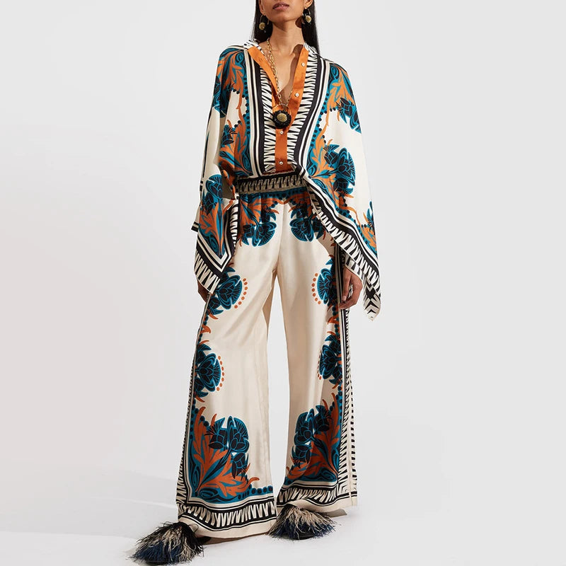 Retro Printed Loose Indie Folk Outfit Women Spring Stand Collar Button Irregular Top+Pant Set Fall Batwing Long Sleeve 2pcs Suit