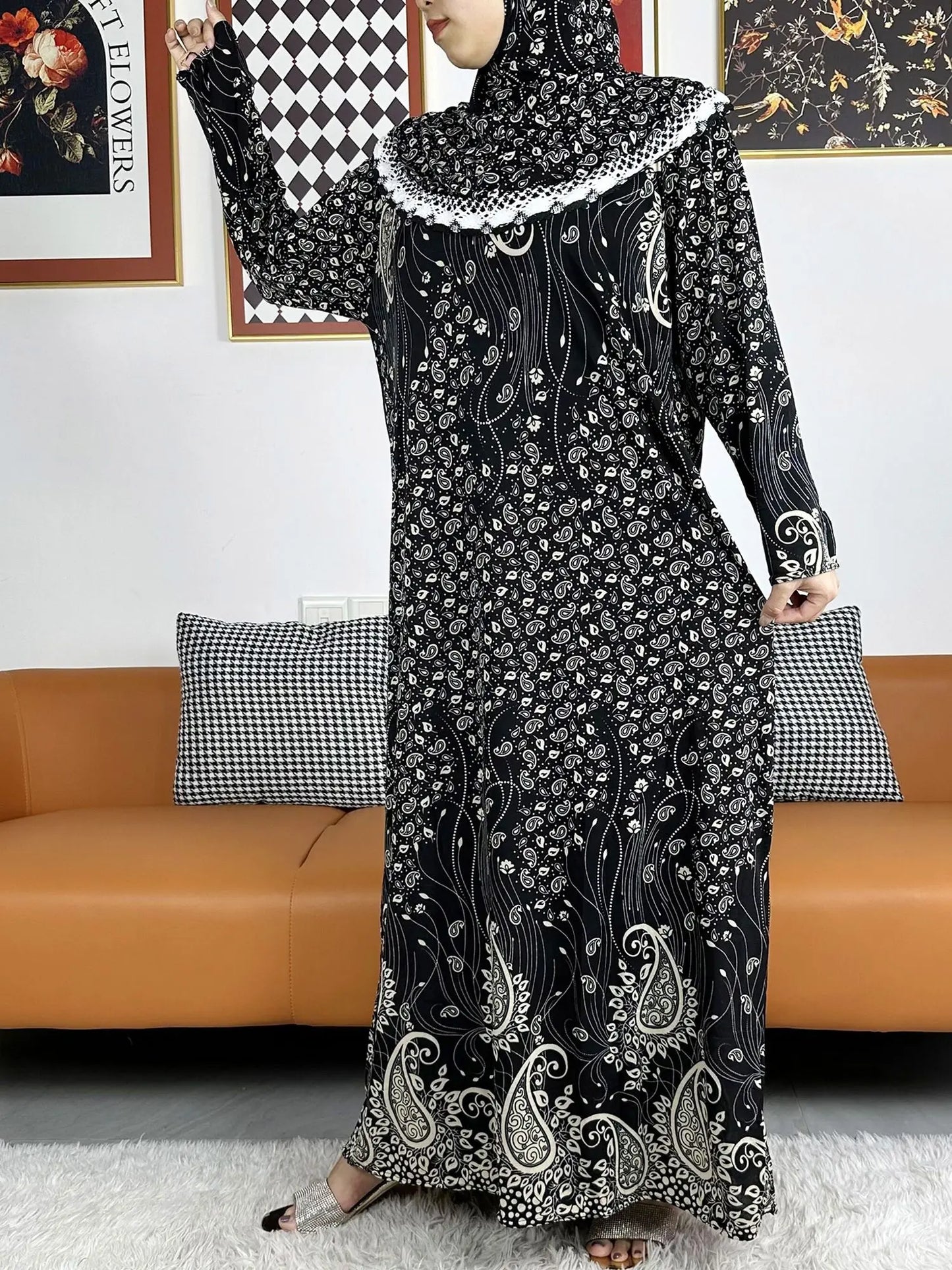 2023 Muslim Solid Cotton Abaya For Women Ramadan Prayer Garment Joint Hat Dubai Turkey Middle East Femme Robe Floral Loose Dress