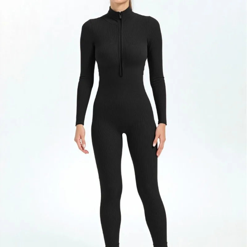Seamless Ribbed Knit Bodysuit Women Zip Up Stand Collar Long Sleeve Thumbhole Yoga Romper Winter Thermal Workout Outfit.