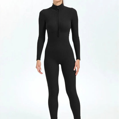 Seamless Ribbed Knit Bodysuit Women Zip Up Stand Collar Long Sleeve Thumbhole Yoga Romper Winter Thermal Workout Outfit.